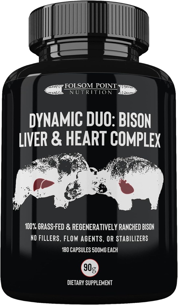 Dynamisk Duo: 100% Grass- Fed Bison Lever & Heart Complex 124; Decickated Bison Lever og Heart Pill Supplement (Single Flaske)