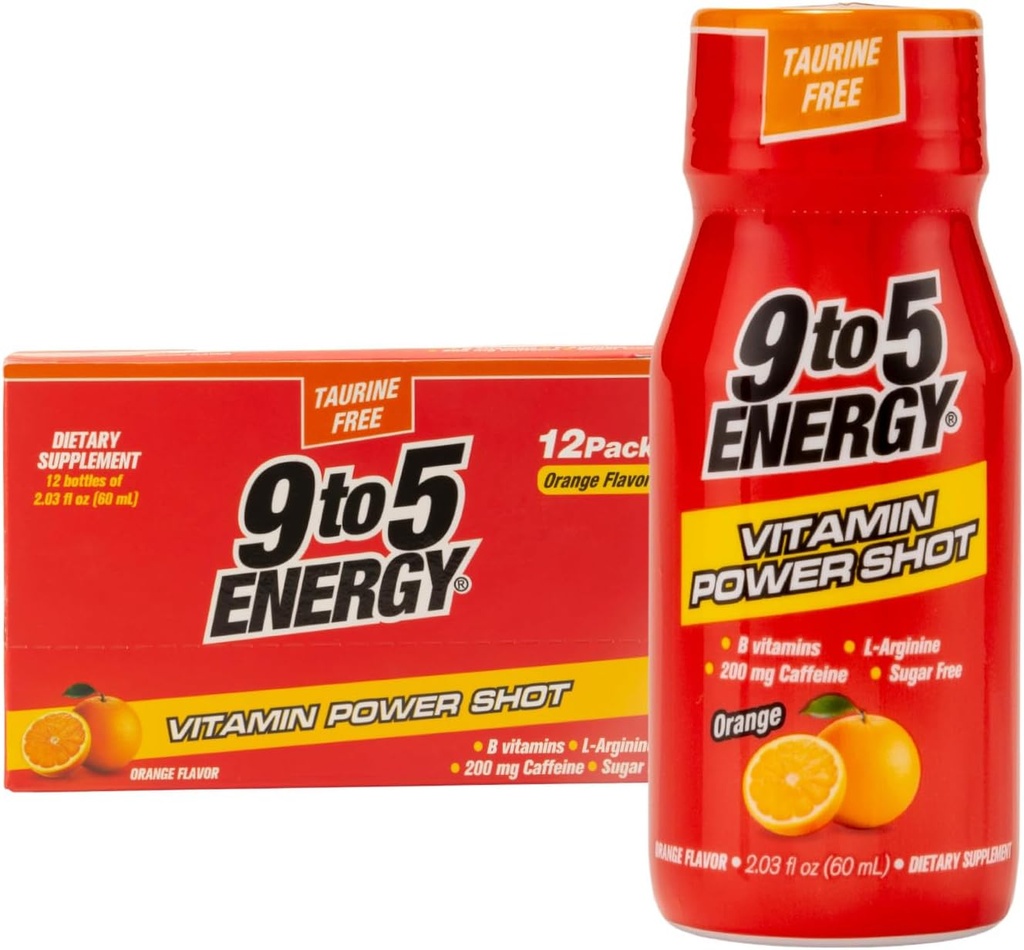 Vitamin Power Shot - Orange Flavor, Taurine- Free, Sugar- Free, 12 Pack (2,03 fl oz Hver) - Boost Energy, Focus og Vitality med B Vitamin og L-arginin