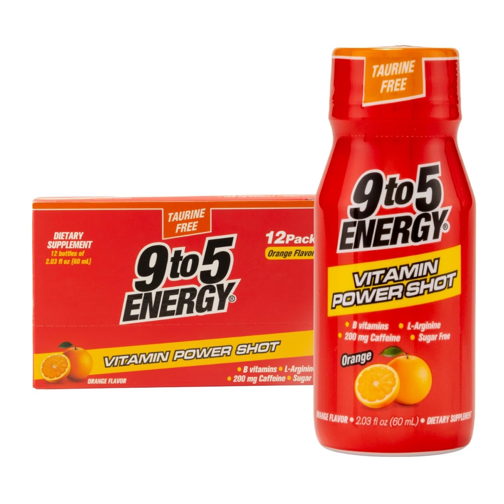 Vitamin Power Shot - Orange Flavor, Taurine- Free, Sugar- Free, 12 Pack (2,03 fl oz Hver) - Boost Energy, Focus og Vitality med B Vitamin og L-arginin