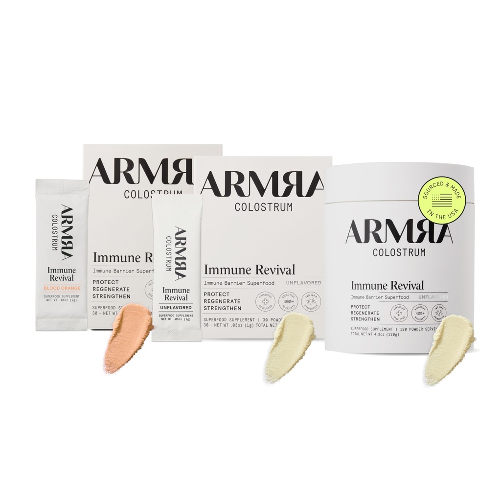 ARMRA Colostrum ™ Premium Powder, Grass Fed, Gut Health Bloating Immunity Skin & Hår, Indeholder 400 + bioaktive næringsstoffer, Keto, Gluten & Fat Free (Blood Orange, Unflavored Bundle) 124; 180 Servere)