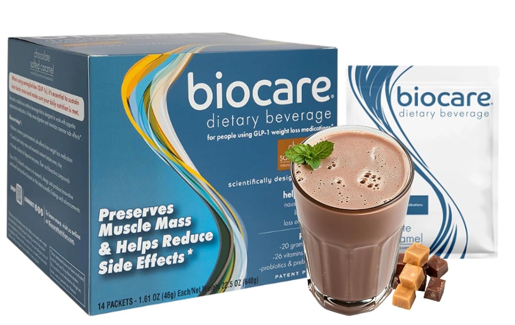 Biocare Nutritional Driving for GLP-1 Brugere, Kosttilskud Powder Drink giver 20g Essential Protein, 26 Vitamin / Min, Hjælper Ease Kvalme, Bloating, Forstoppelse, Chokolade Saltet Caramel (14 Greve)