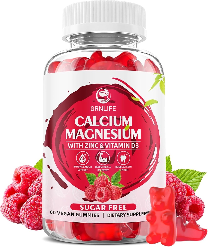 Calcium Magnesium Zink gummier med vitamin D3, Sukker Gratis Calcium gummier til kvinder Mænd, Raspberry Flavor - 60 Greve