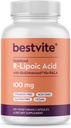 BESTVITE R- Lipoinsyre 100mg stabiliseret med Bio- Enhanced ® Na- RLA (120 vegetariske kapsler) Ingen stearater - Ingen flowmidler - Vegan - Non- GMO - Gluten Free