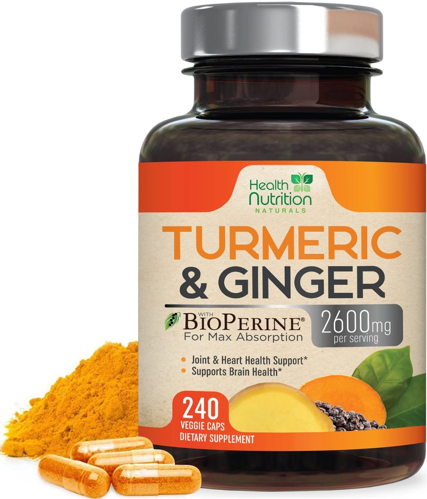 Gurkemeje Supplement 2600mg - med Økologisk Ginger & Gurkemeje, 95% Curcuminoider, BioPerine Black Pepper til bedste Absorption, Nature 's Vegan fælles støtte, Non- GMO, Flasket i USA - 240 Kapsler