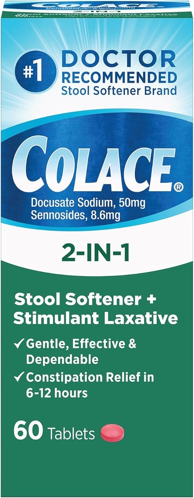Colace 2 - In-1 Afføringsmiddel Plus Stimulerende Laxative for genert effektiv Forstoppelse Relief, Docusat natrium Plus Sennosider, 60 Greve
