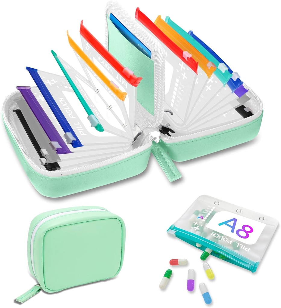 A8 Vandtæt Pill Organizer sæt, Twice- Daily Large Pill Organizer til syv dage, Pill Storage med 14 Color- Coded Pouches, Genanvendelige Travel Medicine Organizer