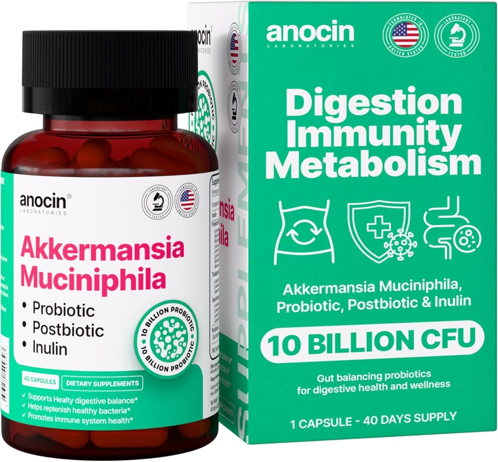 Akkermansia Muciniphila + Probiotic, Postbiotic & Inulin - Gut Health Supplement for fordøjelse, immunforsvar - 10 milliarder CFU, Vegan & Gluten- Free
