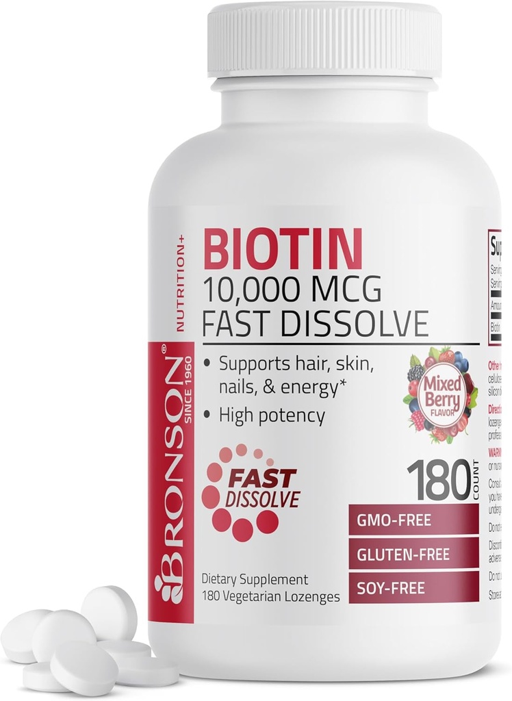 Bronson Biotin 10.000 MCG Lozenges hurtigt opløses høj potens understøtter hår, hud & negle blandet berry flavor - non-GMO, 180 vegetar Lozenges