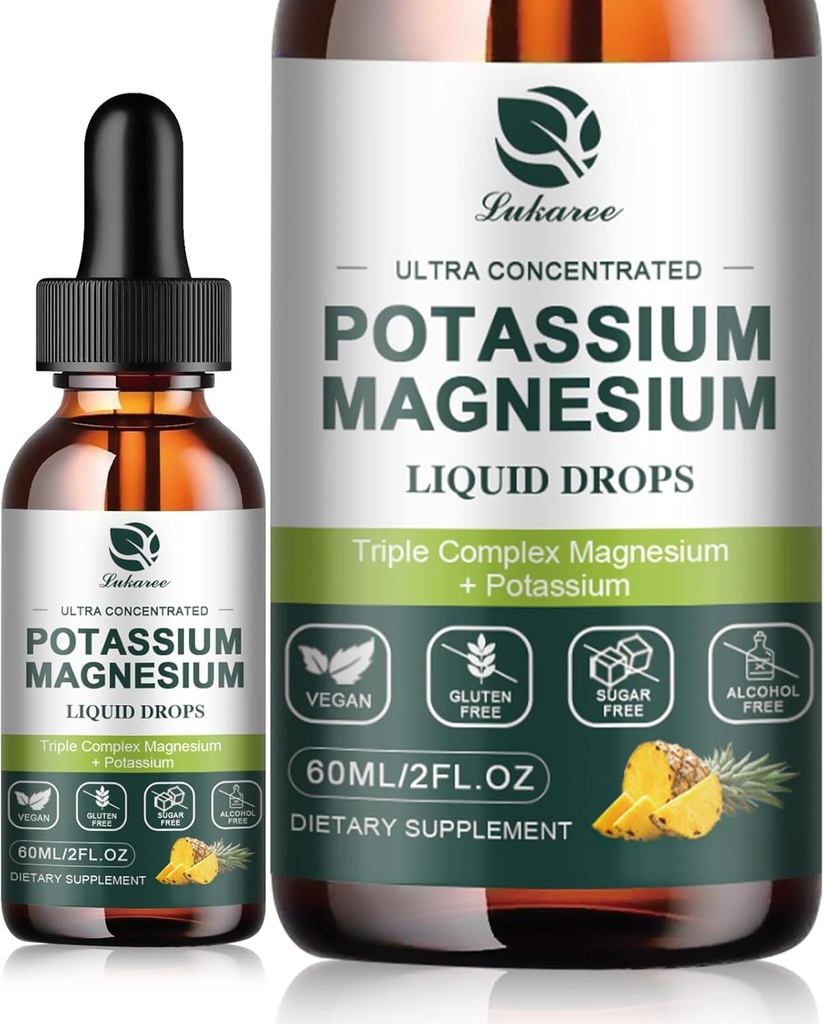 Kalium Magnesium Supplement Flydende w / Triple Complex Magnesium Glycinate & Kalium Plus Omega 3, Sea Moss, Black Seed, D3K2 & Calcium til Zzz, Leg kramper & Muscle-4 FL OZ Drop
