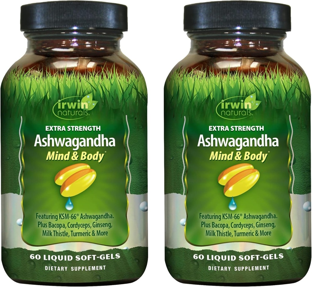Irwin Naturals Extra Strength Ashwagandha - 60 Liquid Soft- Gels - Hjælper Boost Fysisk & Mental Performance - med Tumerisk & Milk tidsel - 60 Servering