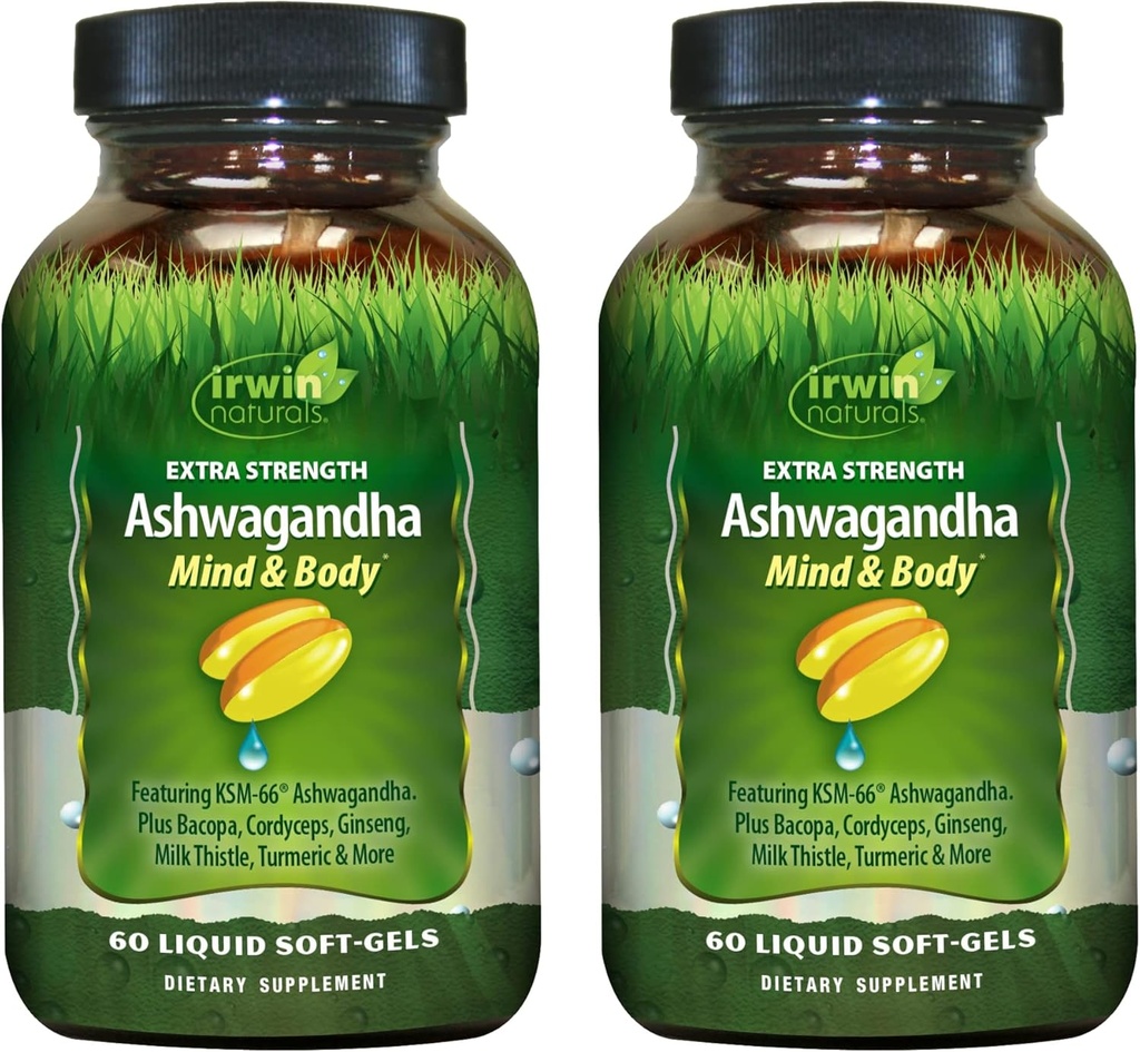 Irwin Naturals Extra Strength Ashwagandha - 60 Liquid Soft- Gels - Hjælper Boost Fysisk & Mental Performance - med Tumerisk & Milk tidsel - 60 Servering
