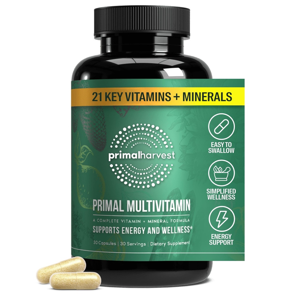 Primær høst Primal Multivitamin - Dagligt multivitamin supplement med 21 essentielle vitaminer og mineraler til kvinder & mænd - Vitamin A, C, D, E, B12, B6, biotin, folinsyre, zink, kobber & selenium