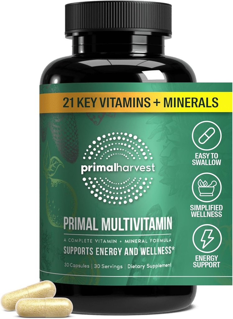 Primær høst Primal Multivitamin - Dagligt multivitamin supplement med 21 essentielle vitaminer og mineraler til kvinder & mænd - Vitamin A, C, D, E, B12, B6, biotin, folinsyre, zink, kobber & selenium