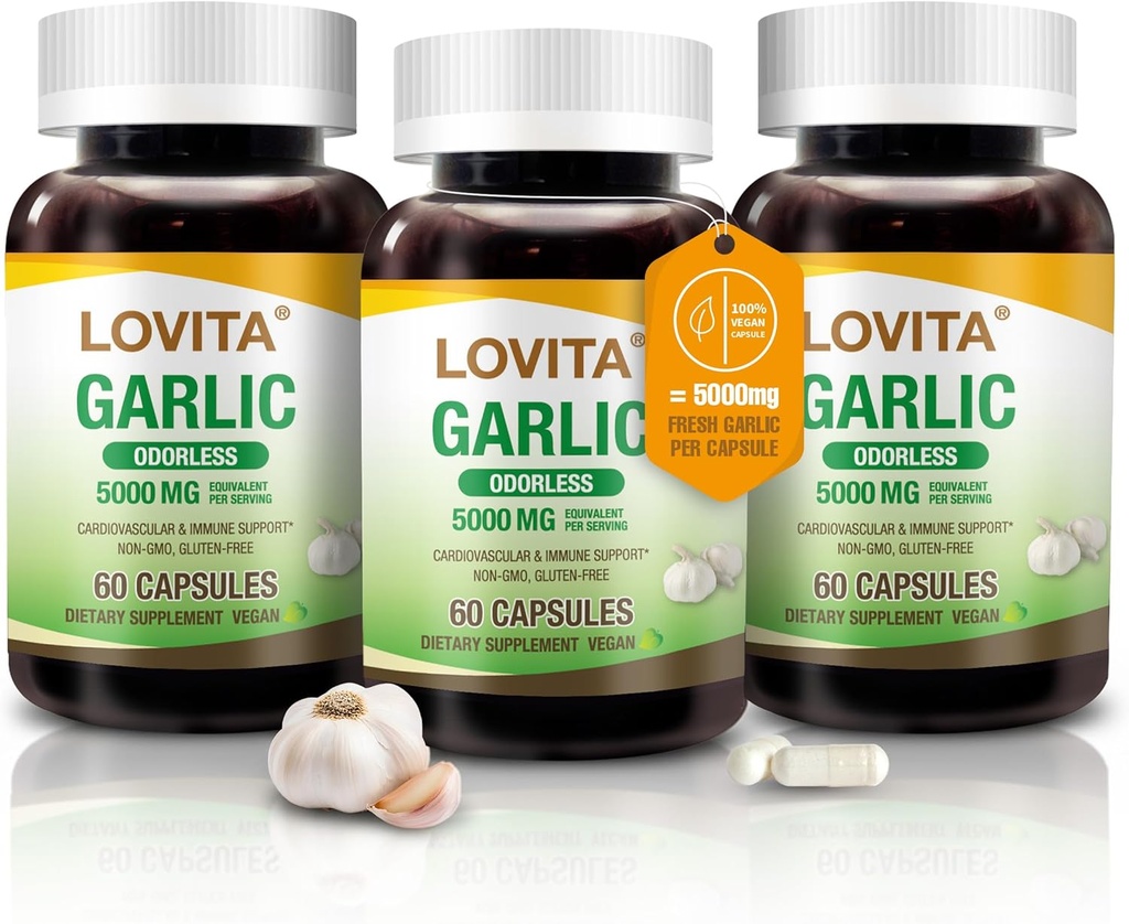 Lovita Odorless hvidløg kapsler, 5000mg Frisk hvidløg Ækvivalent, 1,25% Allicin ekstrakt, understøtter hjerte, blodtryk, Cholesterol & immunsystem, Non- GMO, Gluten- fri, 180 Vegan kapsler