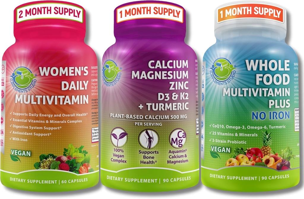 Vegansk multivitaminer & kalciumtrio - hel mad Multivitamin med jern + kvinders daglige multivitamin med jern + plant- baseret calcium, magnesium, zink, D3, K2 & gurkemeje - Energi, ben og immunforsvar