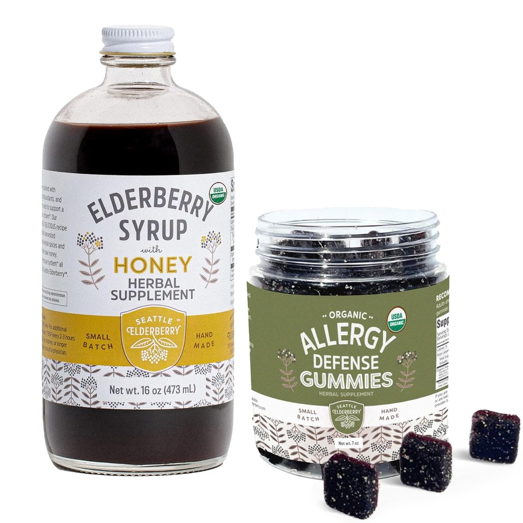 Urtetilskud Syrup & Gummies Bundle - En 16oz flaske Elderberry Syrup med honning & 7oz Original Elderberry Gummies Lavet af kun økologiske ingredienser i USA