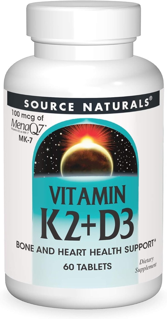 Source Naturals Vitamin K2 + D3 Bone & Heart Health Complex - 400 IE Vitamin D3 & 100 mcg Vitamin K2 (MK- 7) med Calcium - 60 tabletter