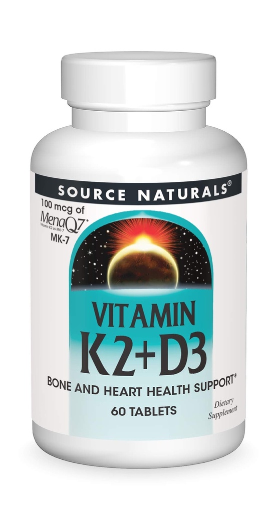 Source Naturals Vitamin K2 + D3 Bone & Heart Health Complex - 400 IE Vitamin D3 & 100 mcg Vitamin K2 (MK- 7) med Calcium - 60 tabletter