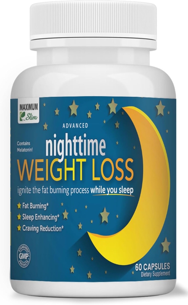 Maksimum Slim Nighttime Weight Support - Let Fat Burning & Sleep Aid - African Mango, Resveratrol & Green Tea - Non- GMO, Vegan, 60 kapsler