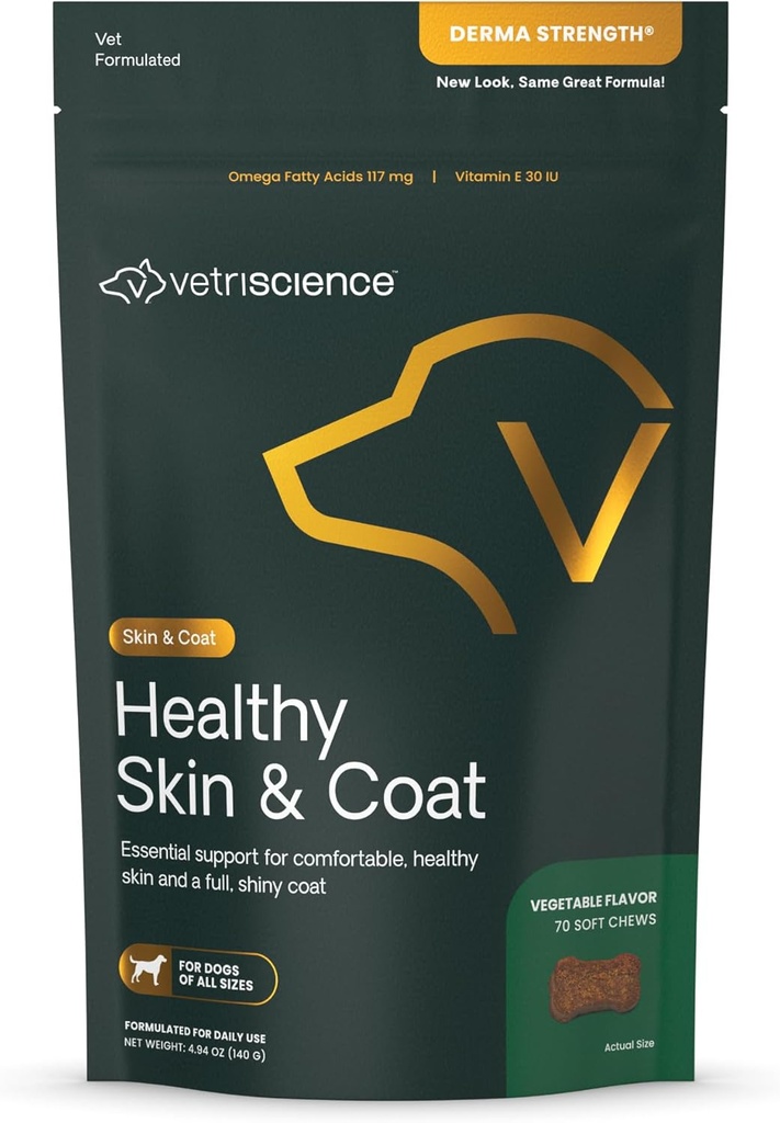 VetriScience sund hud & Coat Chews, Derma Strength Omega-3 Salmon Oil Supplement til hunde, Omega Hud og Coat Chews, Hud Sundhed, Coat Vækst, Fish Oil og E-vitamin, Veggie, 70 Greve