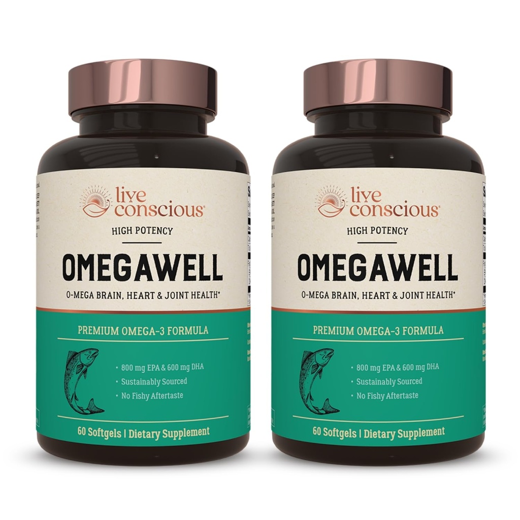 Live Conscious OmegaWell Fish Oil: Heart, Brain, og Joint Support Buddy 124; 800 mg EPA 600 mg DHA - Entertain- Coated, Sustainable Sourced - Let at synke 120 Greve (2 - Pack)