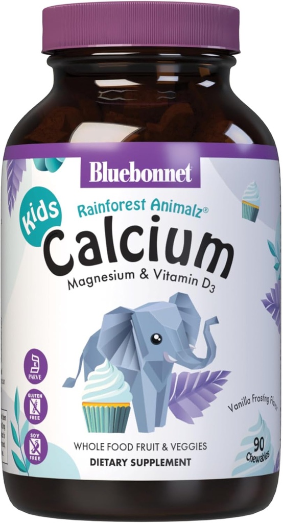 BlueBonnet Super Earth Rainforest Animalz Calcium Magnesium og vitamin D3 Chews, Natural Vanilla Frosting, Hvid, 90 Greve