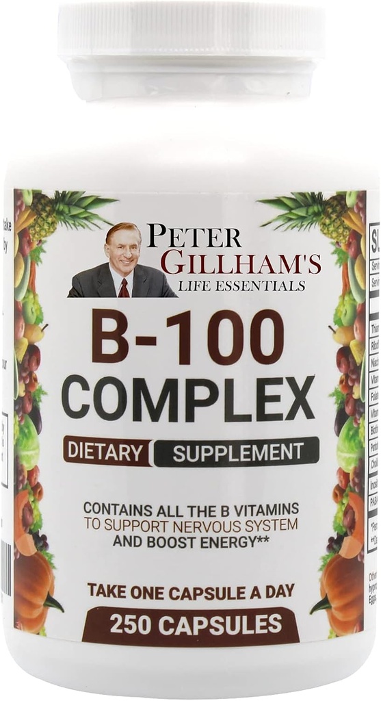Balanceret B-vitamin Complex 100 mg 250 kapsler, Energi og Metabolisme Support. Indeholder alle B-vitaminer Peter Gillhams liv Essentials,