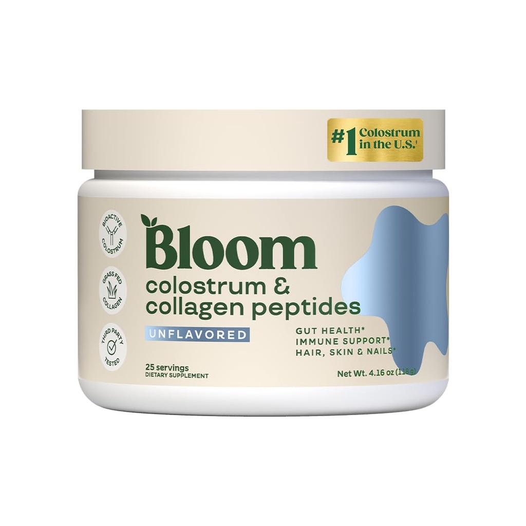 Bloom Nutrition Bovine Colostrum Powder med vitamin B-12 for Gut sundhed, immunforsvar, hårvækst & skønhed Supplement Budd124; Unflavored, 25 Servere