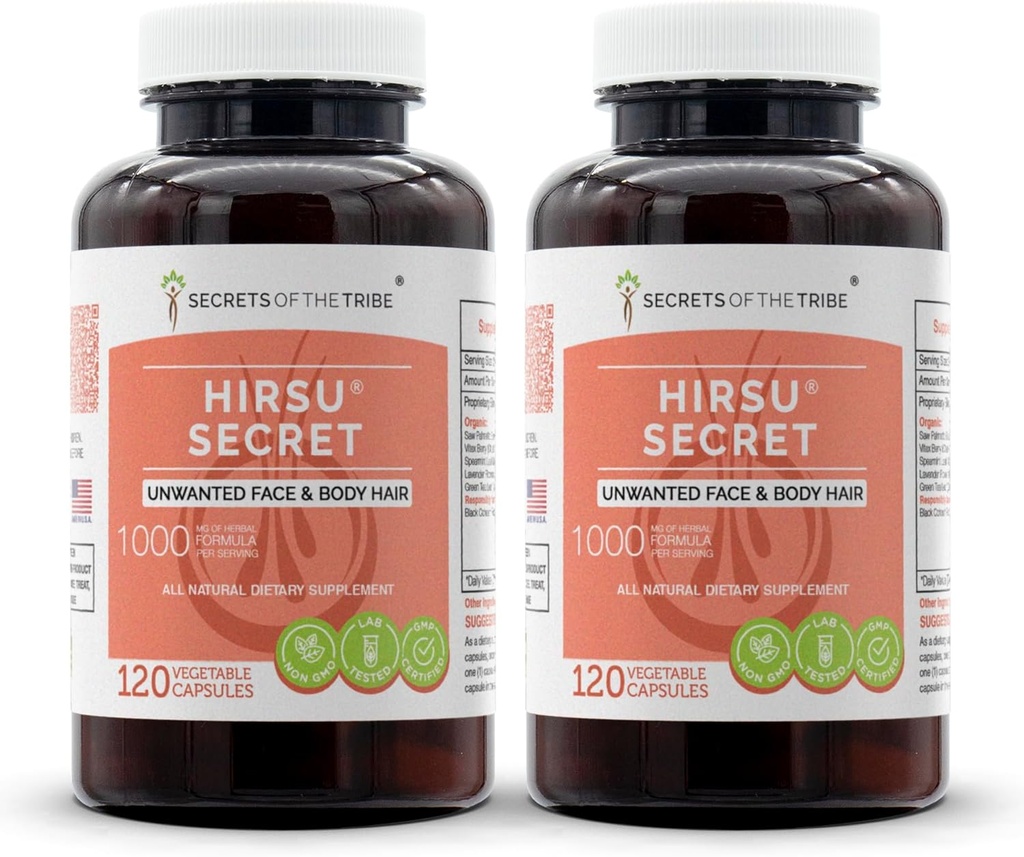 Hirsu Secret 120 Kapsler (2 stk.), 1000 mg, Saw Palmetto, Black Cohosh, Vitex, Spearmint, Lavendel, Green Tea. Uønsket ansigt og krop hår (2x120 kapsler)