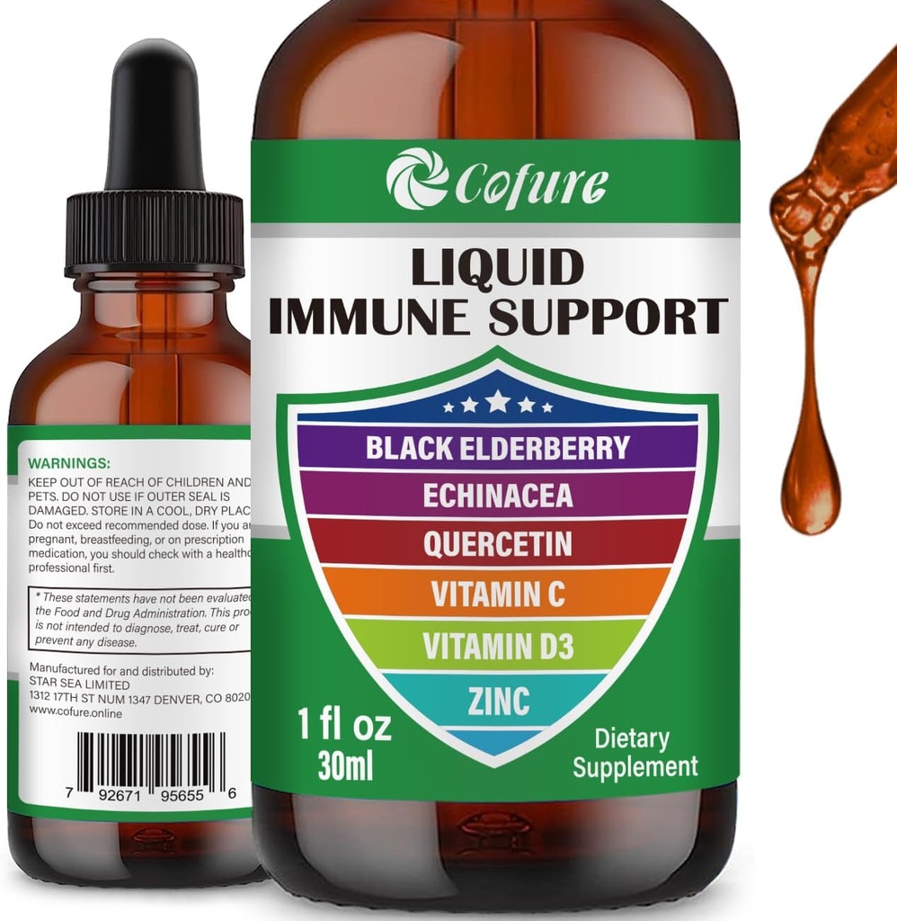 Zink Quercetin Vitamin C D3 Liquid immunforsvar Support med Økologisk Echinacea Elderberry, immunforsvar Drops supplement til Adults- Vegan, Non- GMO, Gluten Free - 1 Fl Oz