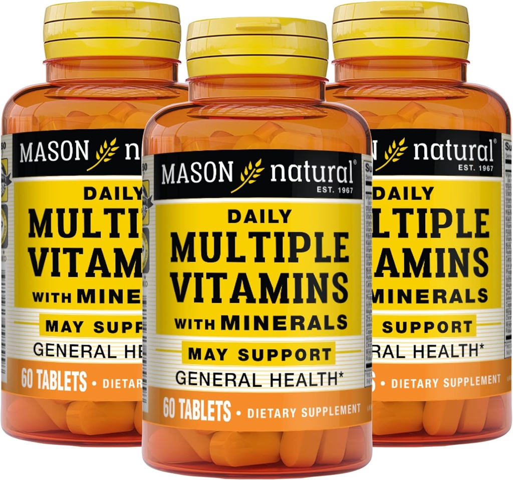 MASON NATURAL Daily Multiple Vitamin med Min - 24 Essentielle Vitamin og Min, Alt i én Multivitamin, Understøtter Samlet Sundhed, 60 tabletter (pakke med 3)