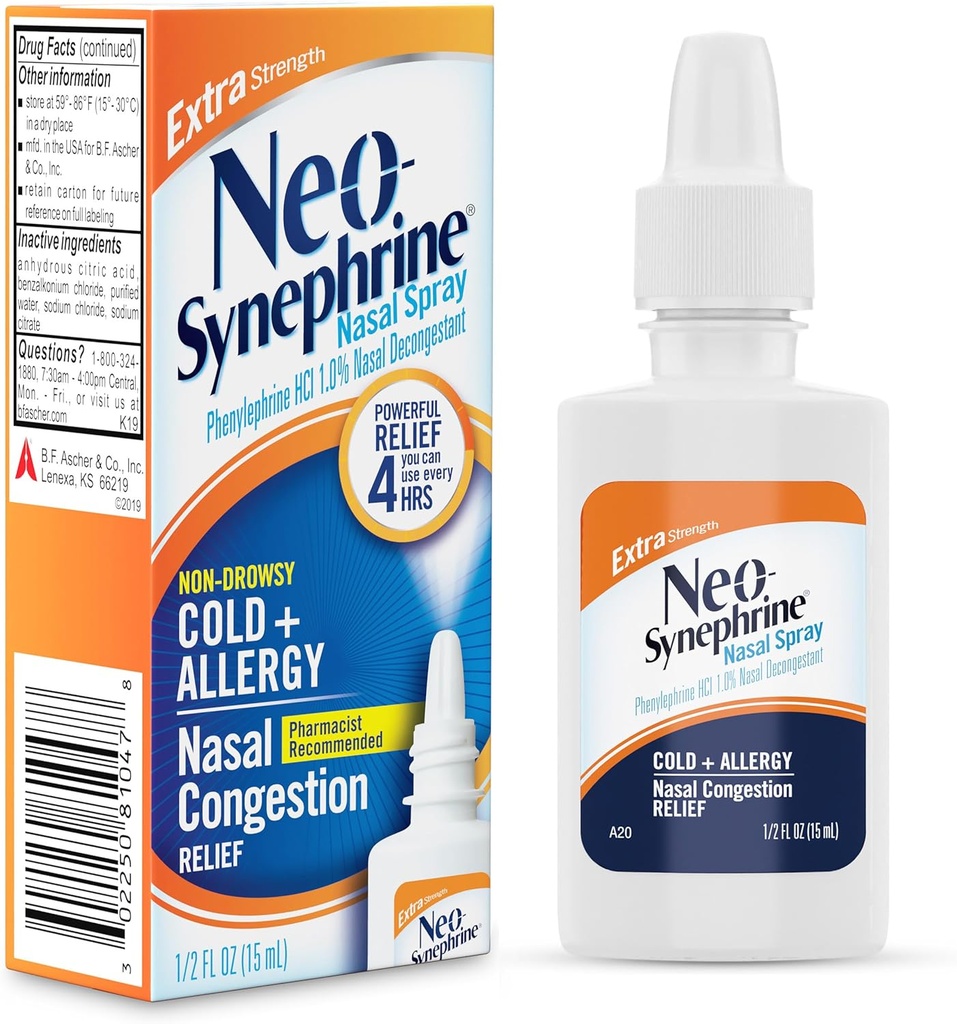 Neosynephrin, Nasal Spray for Cold Sinus Relief Extra Strength, Clear, 0.5 Fl Oz