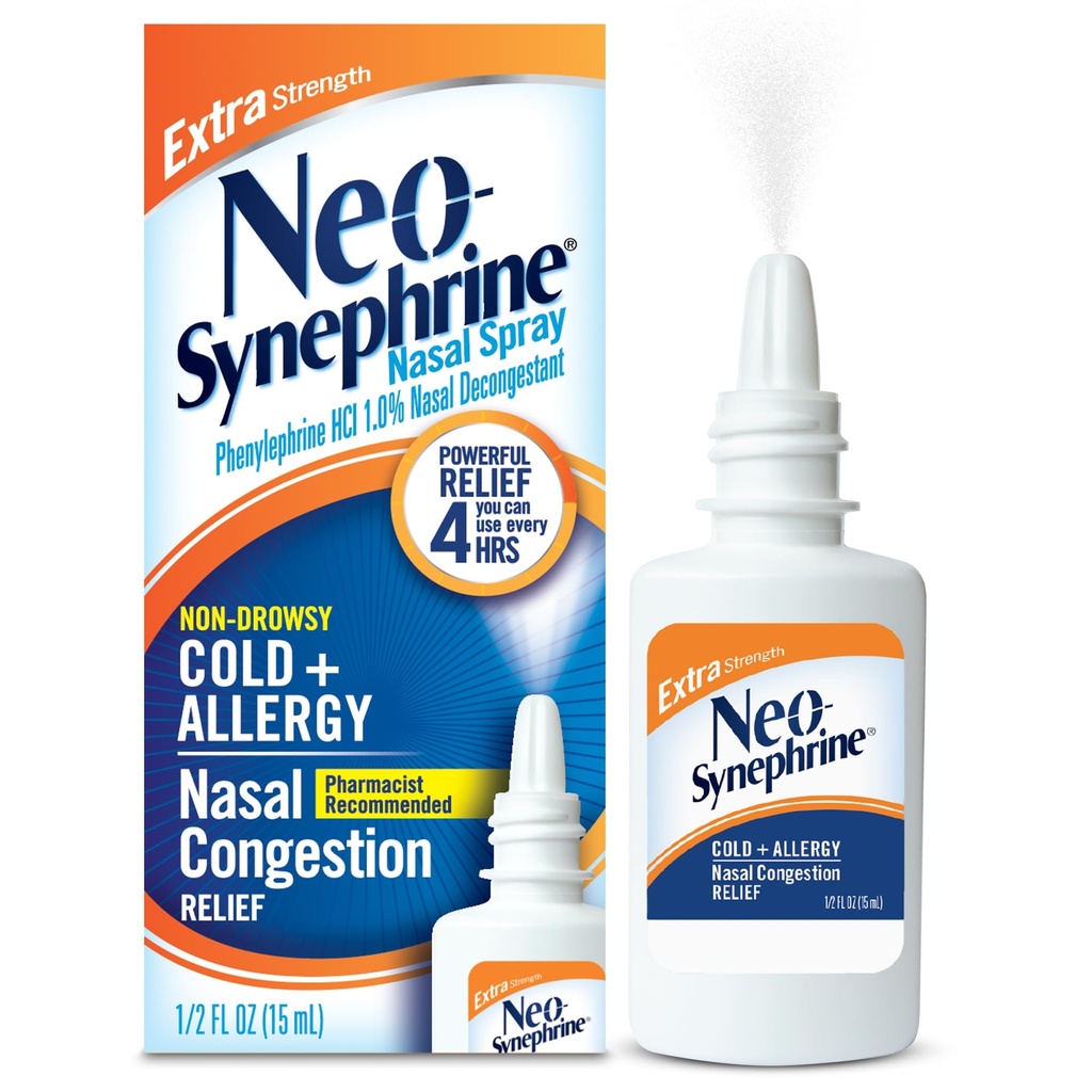 Neosynephrin, Nasal Spray for Cold Sinus Relief Extra Strength, Clear, 0.5 Fl Oz