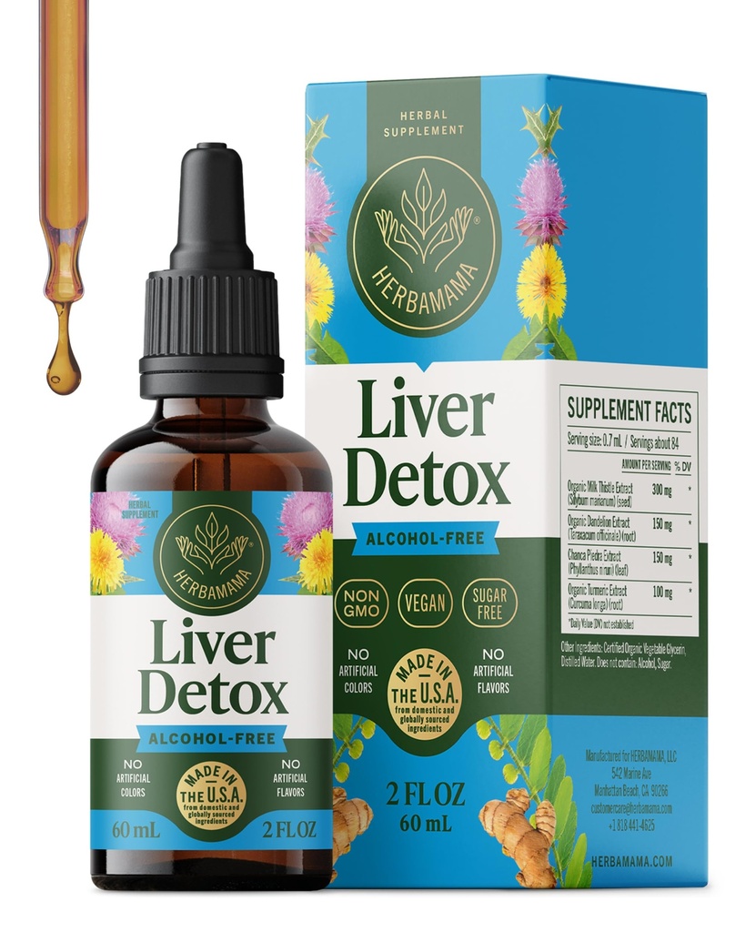HERBAMAMA lever rense Detox & reparation - Lever support supplement - flydende dråber med mælk tidsel, Mælkebøtte Root & Chanca Piedra - Alkohol & sukkerfri væske rense supplement, 42-Day Supply