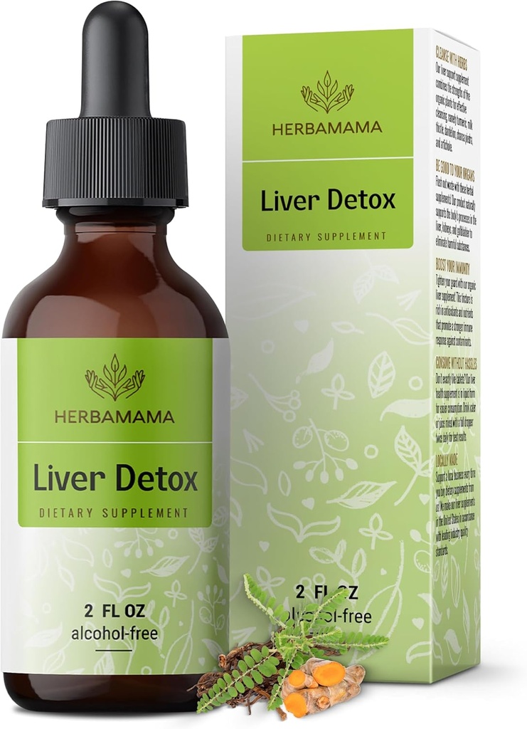 HERBAMAMA leverstøtte tinktur - Vegansk lever Detox flydende dråber med mælk tidsel, Mælkebøtte Root & Chanca Piedra - Non- GMO, Alkohol & Sugar- Free Liquid Cleanse Supplement, 42-Day Supply