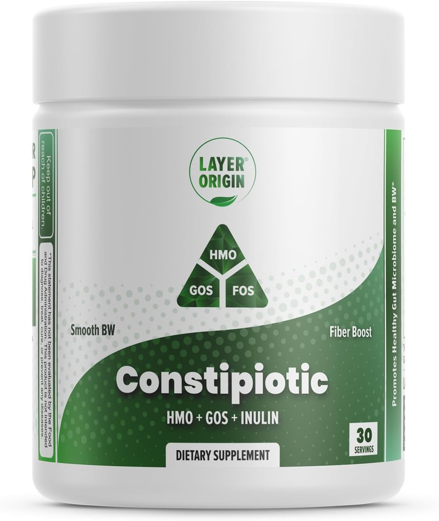 Layer Origin Constipiotic Prebiotic Fiber to Ease Mave Movement and Support Regularity - 4,4 g Per Serving - HMO 2 'FL, GOS, Inulin FOS - 30-Day Supply - Unflavored, Ingen smag, Opløs nemt
