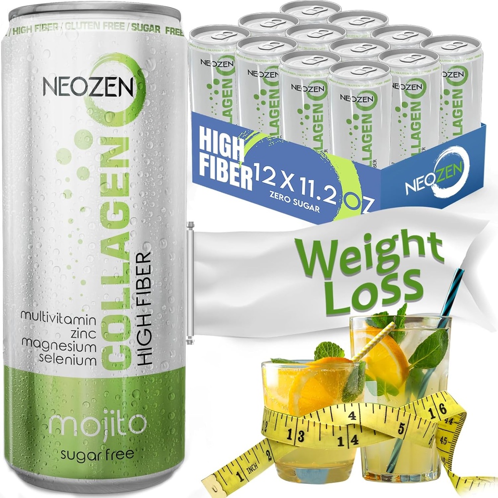 NEOZEN Collagen Sparkling Drikke med kostfibre - Balancerede næringsstoffer til wellness - Sukker fri - Keto- Friendly - No Gluten - No Coffein - 11.2 fl oz (12 Pack)