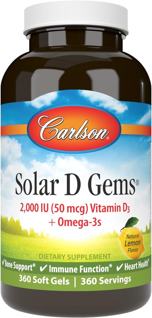 Carlson - Solar D Gems, D3- vitamin og Omega-3 tillæg, 2000 IE (50 mcg) D3- vitamin, 115 mg Omega- 3s EPA og DHA tillæg, Wild Caught, Sustainable Sourced, Lemon, 360 Softgel