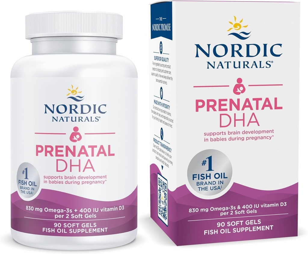 Nordic Naturals Prenatal DHA, Unflavored - 90 Soft Gels - 830 mg Omega-3 + 400 IE D3-vitamin - Understøtter hjernens udvikling hos spædbørn under graviditet og amning - ikke-GMO - 45 Serveringer