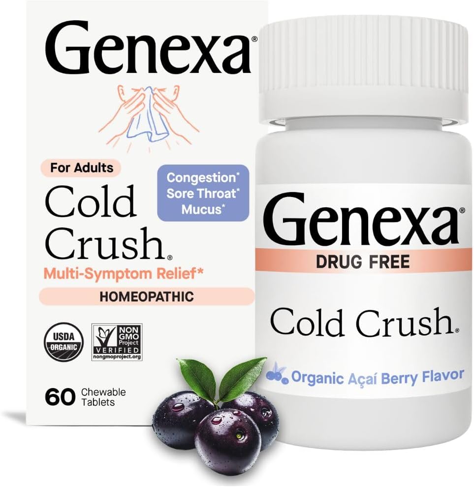 Genexa Cold Crush; Multi- Symptom Hough & Cold Relief for voksne; Lækker Organisk Acai Berry Flavor • 124; Certificeret Organisk & Non- GMO • 124; Homøopatisk Remedy Lavet Clean • 124; 60 tyggetabletter