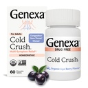 Genexa Cold Crush; Multi- Symptom Hough & Cold Relief for voksne; Lækker Organisk Acai Berry Flavor • 124; Certificeret Organisk & Non- GMO • 124; Homøopatisk Remedy Lavet Clean • 124; 60 tyggetabletter