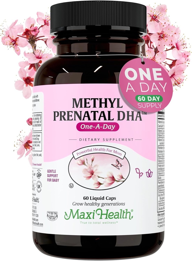 Maxi Health - Methyl Prenatal DHA Prenatal Vitamins Women - Doctor Formulated, Kosher, Gluten Free Prenatal Multivitamin with 25 Nutrients Including DHA, Folic Acid & More, 60 Liquid Caps
