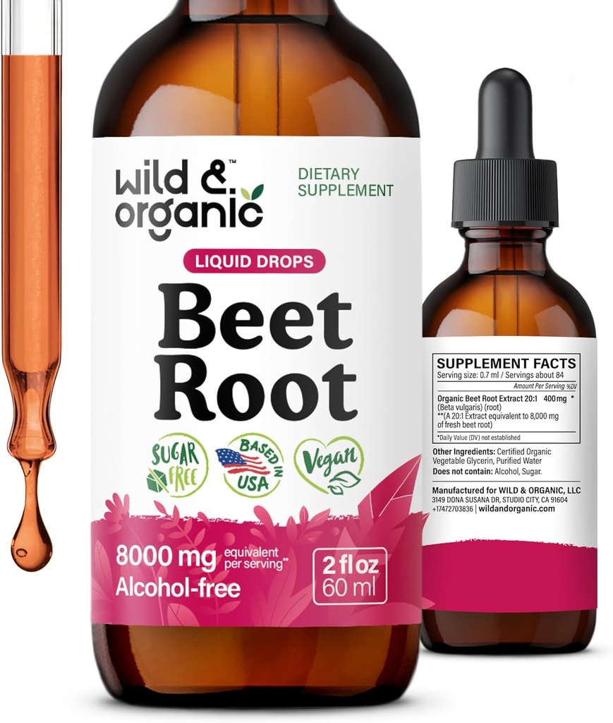 Wild & Organic Beet Root Tinktur - 8000 mg Frisk Beetroot Extract Ækvivalent - Flydende Beet Root Kosttilskud til mænd og kvinder - 400 mg per servering - Vegan, Alkohol & Sugar- Free - 2 fl oz