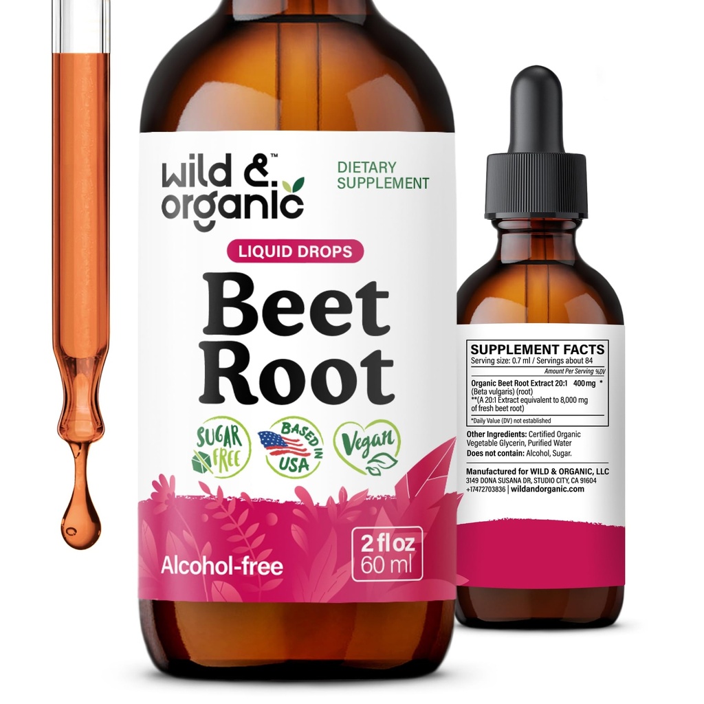 Wild & Organic Beet Root Tinktur - 8000 mg Frisk Beetroot Extract Ækvivalent - Flydende Beet Root Kosttilskud til mænd og kvinder - 400 mg per servering - Vegan, Alkohol & Sugar- Free - 2 fl oz