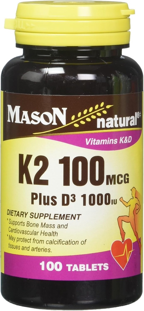 Mason Natural Vitamin K2 100 mcg Plus D3 1000 IE tabletter 100 greve pr. flaske pakning med 3 i alt 300 tabletter