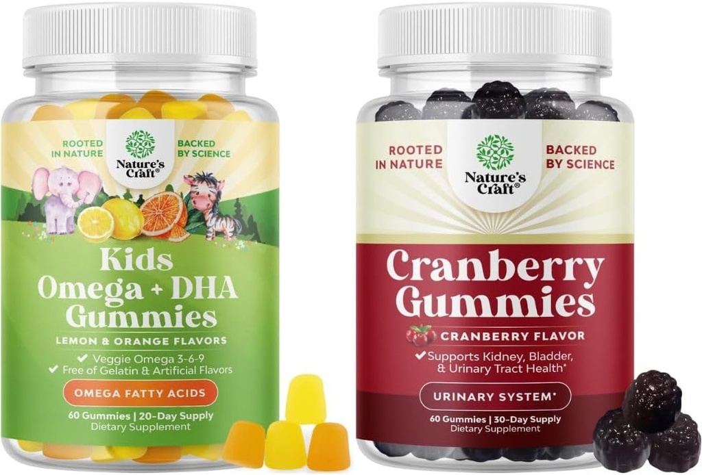 Bundle of Plant Based Omega 3 Gummies for Kids og Natural Cranberry Gummies for Kvinder og Mænd - for Vision Immunitet og Focus Support - for Urinary Tract Health Nyre Support Brege og Immunitet