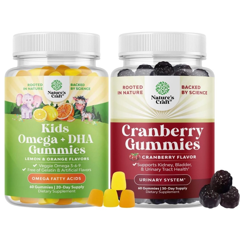 Bundle of Plant Based Omega 3 Gummies for Kids og Natural Cranberry Gummies for Kvinder og Mænd - for Vision Immunitet og Focus Support - for Urinary Tract Health Nyre Support Brege og Immunitet