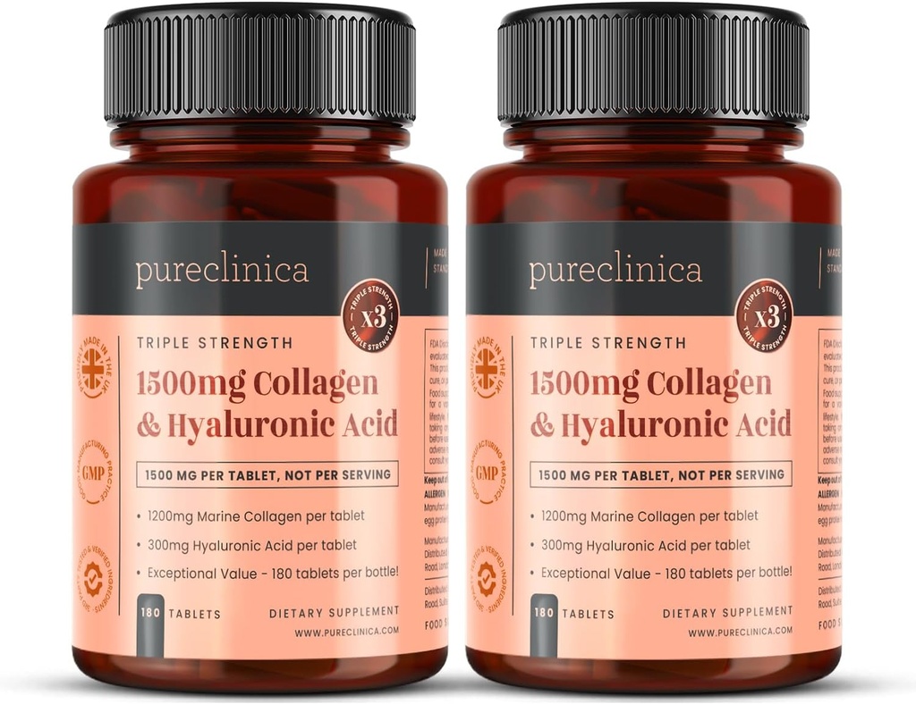 pureclinica UltraColl Collagen & Hyaluronsyre 1500mg x 360 tabletter (2 flasker à 180) - 1 års forsyning