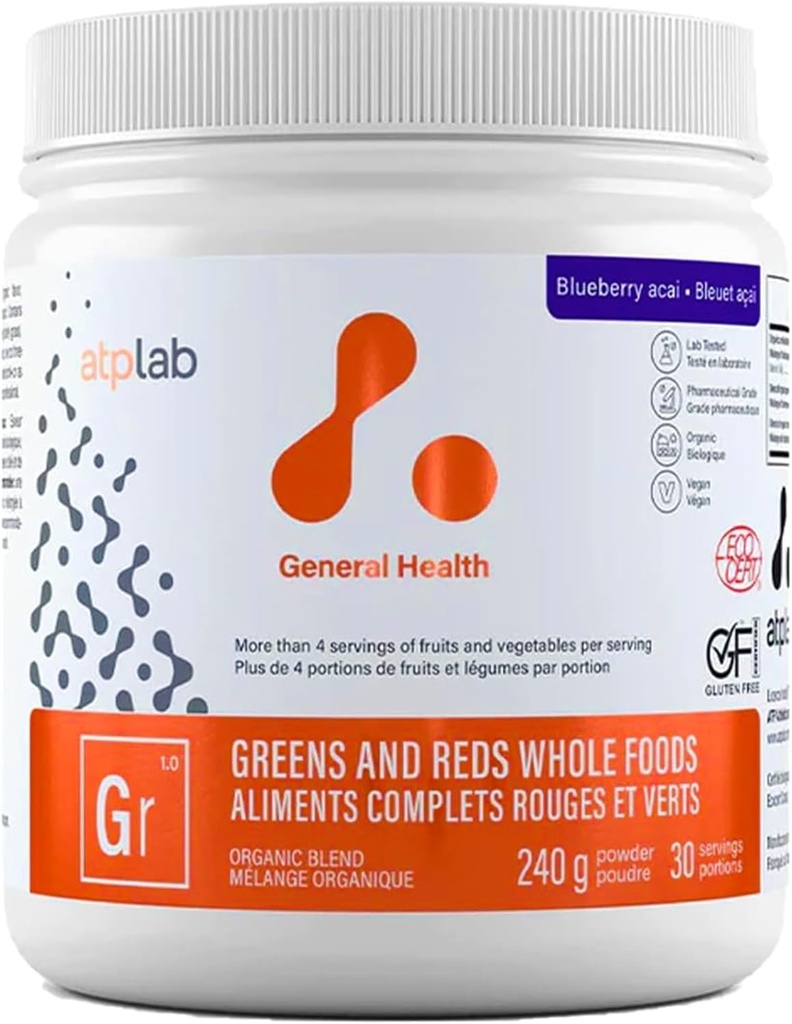 ATP LAB - Grønne og røde hele fødevarer 240g (Blåbær Acai Flavour) - Atletiske Grønne Pulver Superfood - Forbedre mad og cirkulering - Reducere pres