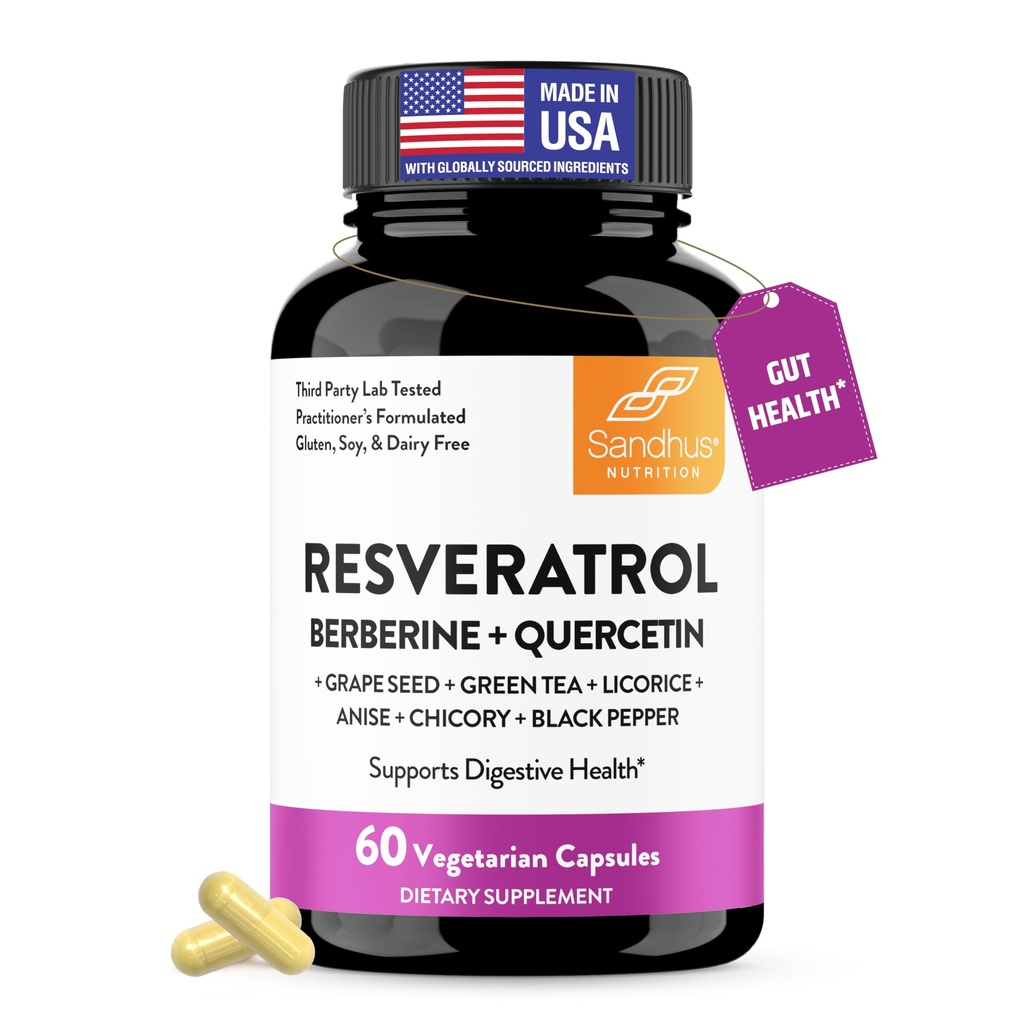 Sandhu 's Resveratrol med Berberine til Gut Health Budd124; fordøjelsestillæg til kvinder & mænd Buddha 124; Green Tea, Star Anise, DGL, Grape Seed Extract & Quercetin Buddha 124; Eases Bloating Buddha 124; 60 kapsler (pakke med 1)